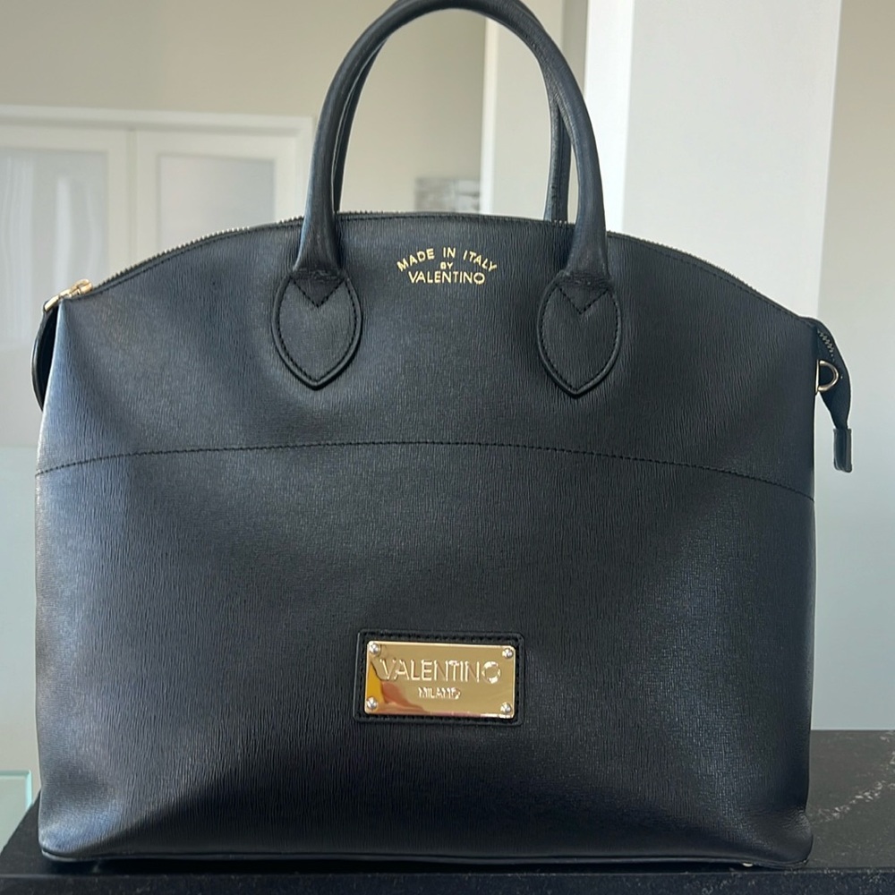 Valentino Black Leather Tote with Gold Hardware